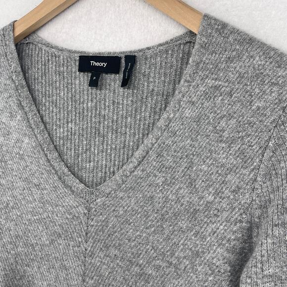 THEORY Sweater Womens Petite Cashmere V-Neck Ribbed Jumper Pullover Gray - Picture 8 of 12